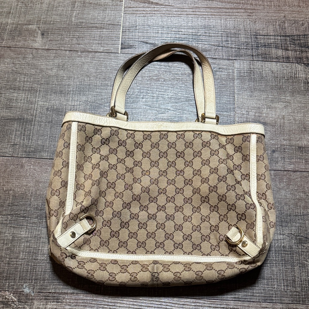 Gucci Gg Canvas Leather Beige And Brown Monogram Tote Bag
